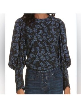 Veronica Beard Clarke Puff Sleeve Black/Blue Floral Print Blouse, Size 4, EUC